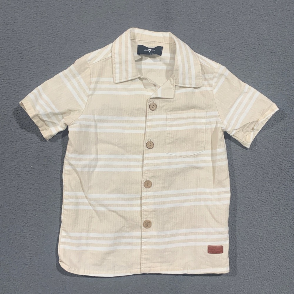 7 For All Mankind Button Down Shirt Toddler 3T Tan Striped Linen Blend Coastal